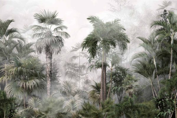 Tropical trees and leaves wallpaper design in foggy forest - Image 2