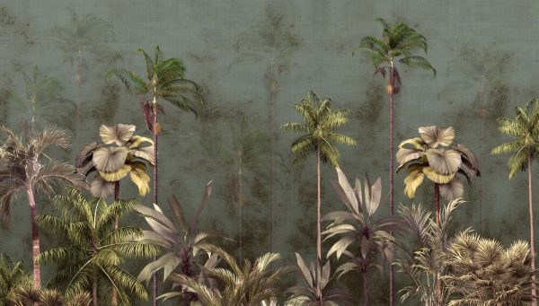 Tropical trees and leaves wallpaper design in foggy forest - Image 2