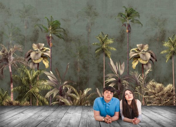 Tropical trees and leaves wallpaper design in foggy forest