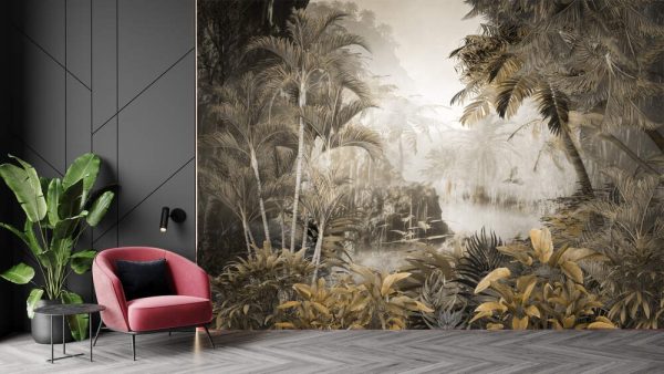Tropical trees and leaves wallpaper design in foggy forest