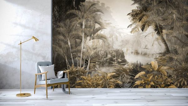 Tropical trees and leaves wallpaper design in foggy forest - Image 3