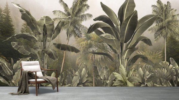 Tropical trees and leaves in foggy forest wallpaper design - Image 3