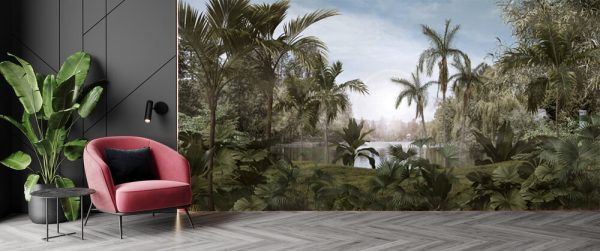 Tropical trees and leaves in foggy forest wallpaper design - Image 3