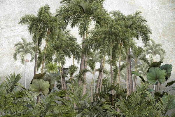 Tropical trees and leaves in foggy forest wallpaper design