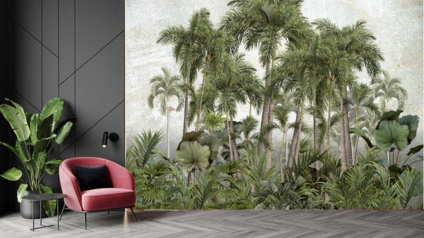 Tropical trees and leaves in foggy forest wallpaper design - Image 2