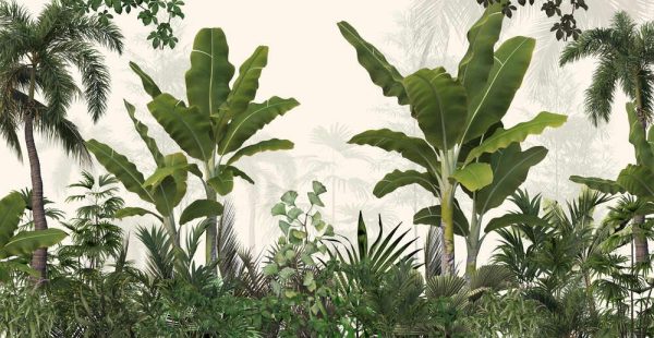 Tropical trees and leaves wallpaper design in foggy forest - Image 2