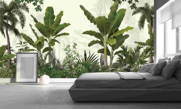 Tropical trees and leaves wallpaper design in foggy forest - Image 3