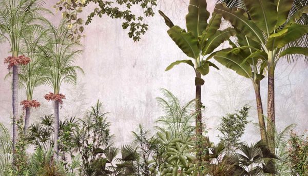 Tropical trees and leaves wallpaper design in foggy forest