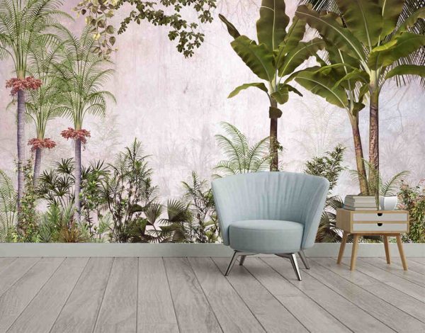 Tropical trees and leaves wallpaper design in foggy forest - Image 2
