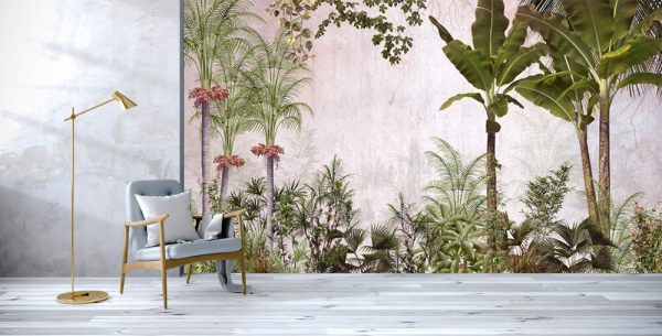 Tropical trees and leaves wallpaper design in foggy forest - Image 3
