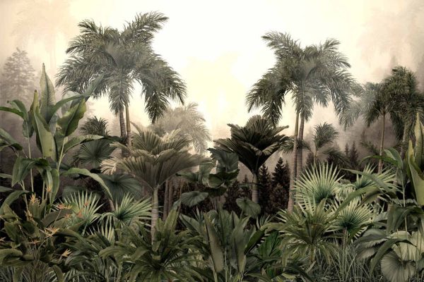 Tropical trees and leaves wallpaper design in foggy forest