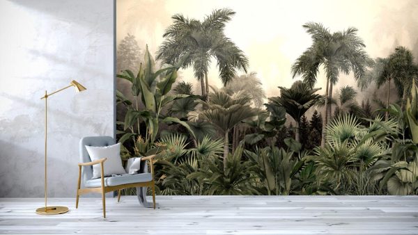 Tropical trees and leaves wallpaper design in foggy forest - Image 2