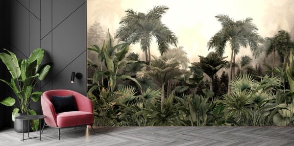 Tropical trees and leaves wallpaper design in foggy forest - Image 3
