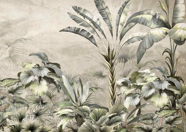 Tropical trees and leaves wallpaper design in foggy forest - Image 2