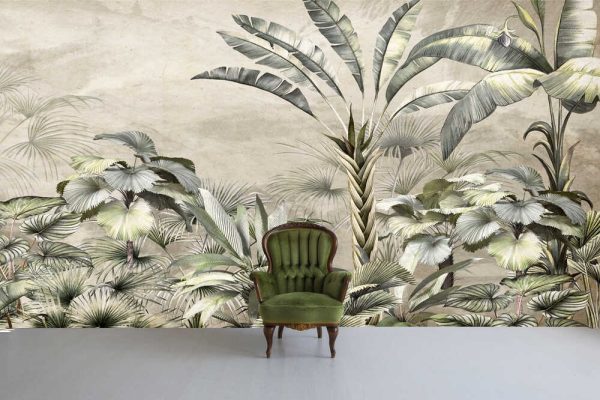 Tropical trees and leaves wallpaper design in foggy forest - Image 3