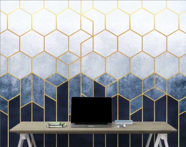 Geometric abstraction of hexagons on a blue relief background with gold elements.