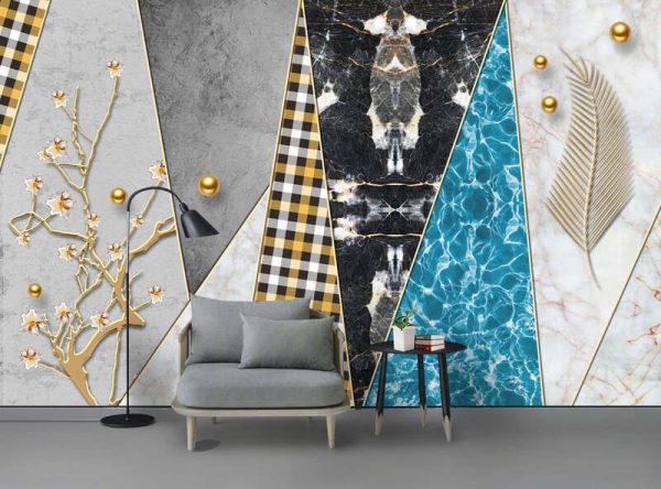 Modern Fashion Geometric Pearl Lattice Flower Branch Golden Leaf Background Wall - Image 2