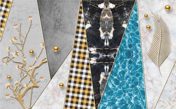 Modern Fashion Geometric Pearl Lattice Flower Branch Golden Leaf Background Wall - Image 3