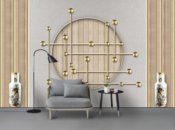 Modern Fashion Golden Geometric Pattern Vase Wood Grain Background Wall - Image 2