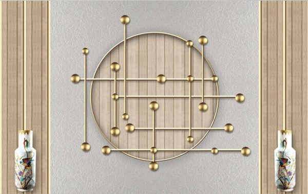 Modern Fashion Golden Geometric Pattern Vase Wood Grain Background Wall - Image 3