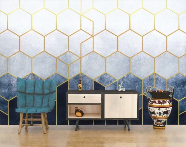 Geometric abstraction of hexagons on a blue relief background with gold elements. - Image 4