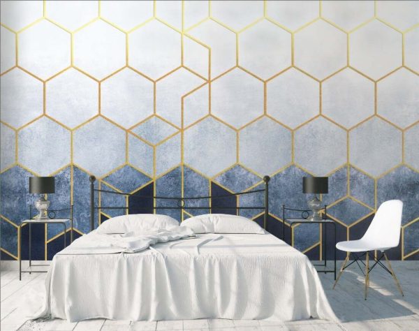 Geometric abstraction of hexagons on a blue relief background with gold elements. - Image 5
