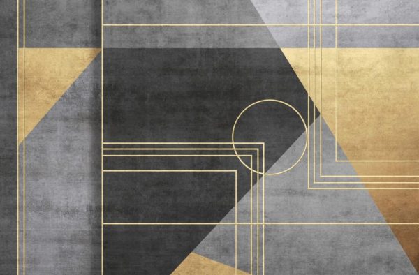 Grunge photo wallpaper with geometric abstraction on concrete background with gold elements. - Image 2