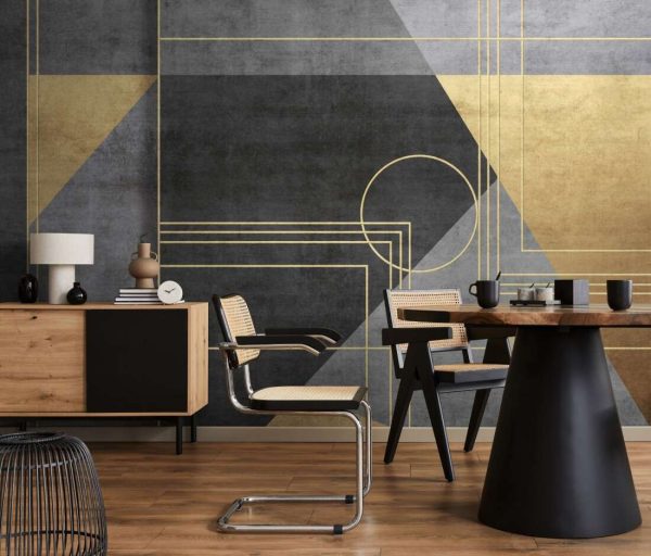 Grunge photo wallpaper with geometric abstraction on concrete background with gold elements. - Image 3