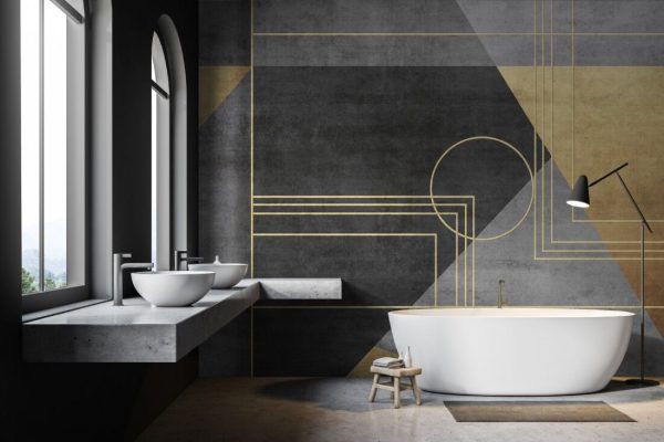 Grunge photo wallpaper with geometric abstraction on concrete background with gold elements. - Image 4