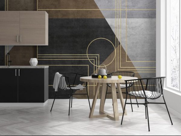 Grunge photo wallpaper with geometric abstraction on concrete background with gold elements. - Image 5