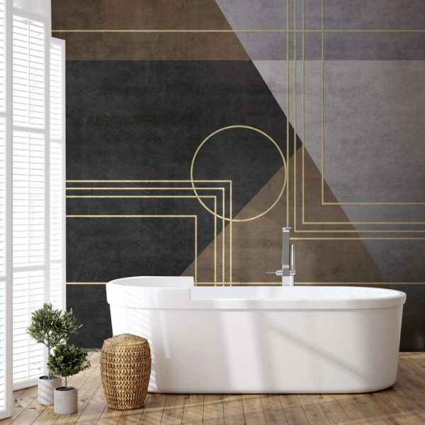 Grunge photo wallpaper with geometric abstraction on concrete background with gold elements. - Image 6