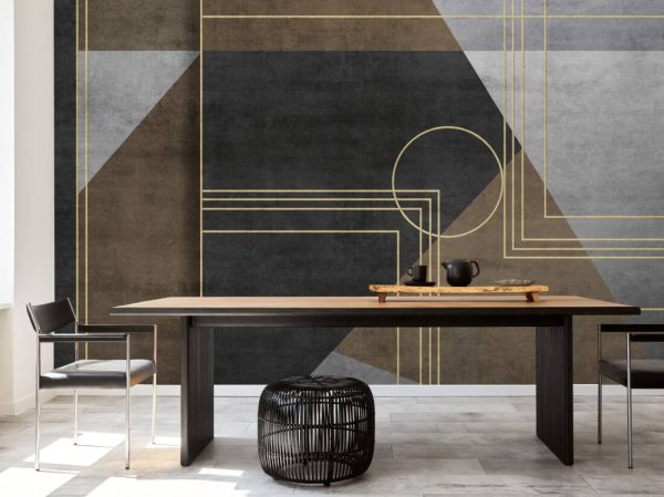 Grunge photo wallpaper with geometric abstraction on concrete background with gold elements. - Image 7