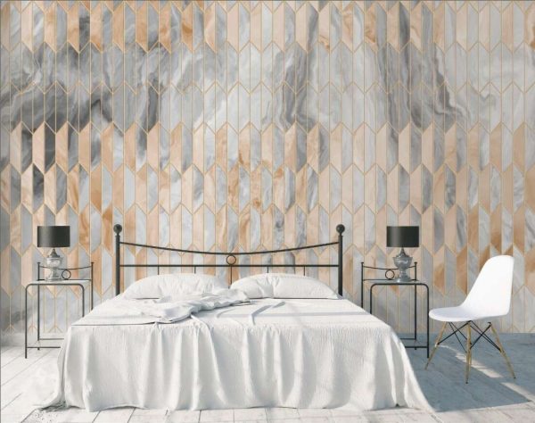 Narrow ornament of marble parquet with metal elements. Geometric abstraction, rhombuses.