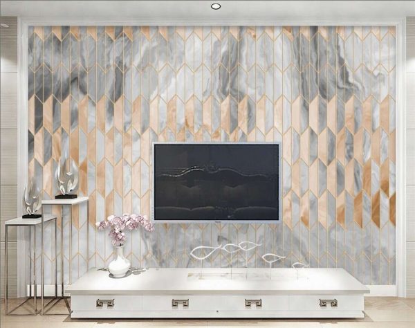 Narrow ornament of marble parquet with metal elements. Geometric abstraction, rhombuses. - Image 3