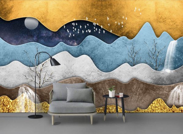 Modern Minimalist Geometric Figure Gold Foil Abstract Tree Waterfall Moon Background - Image 2