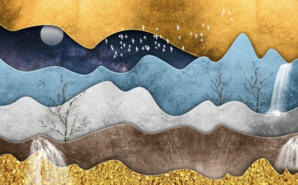 Modern Minimalist Geometric Figure Gold Foil Abstract Tree Waterfall Moon Background - Image 3