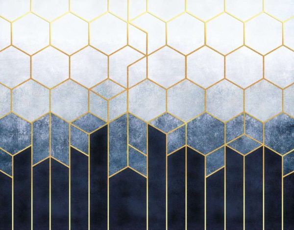 Geometric abstraction of hexagons on a blue relief background with gold elements. - Image 2