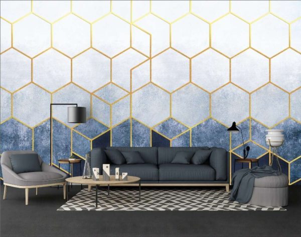 Geometric abstraction of hexagons on a blue relief background with gold elements. - Image 3